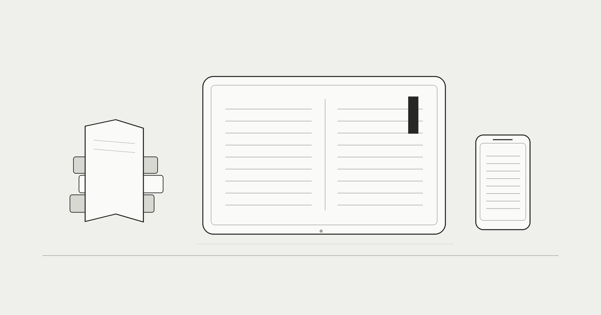紙の本とタブレット、文字を表示した端末を並べた白黒の線画