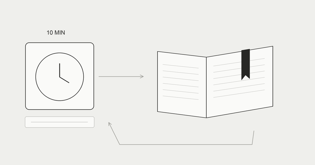 小さな読書時間を示す時計と、一冊の本へ戻る経路を描いた白黒線画