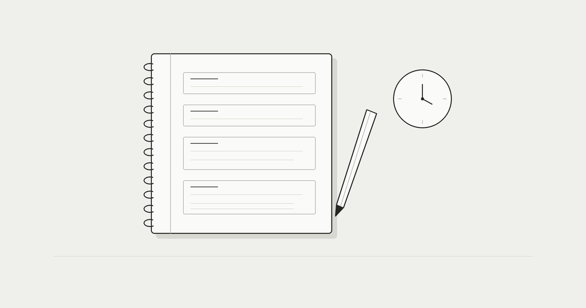 短い記録の四つの欄を持つノートと、時間を示す小さな時計の白黒線画